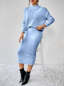 EMERY ROSE Women's Solid Color Stand Collar Drop Shoulder Long Sleeve Sweater And Knitted A-Line Skirt 2-Piece Set, Casual For Autumn/Winter - Baby Blue - View 3