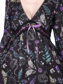 ROMWE Gothic Snake Skin, Moth & Floral Print Contrast Lace Fitted A-Line Dress - Multicolor - View 4