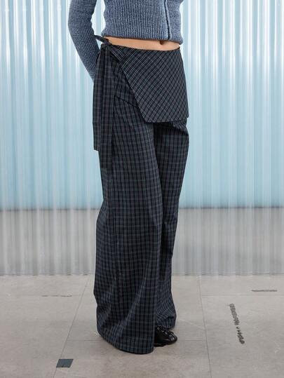 COUREZ Wide Leg Black Skouser Skirt Overlay Trousers In Lightweight Check Fabric /Y2K  Clothes Spring Clothes Streetwear Women Bottoms Tie Side Oversized Trousers