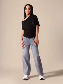 SUMWON Off Shoulder Short Sleeve Fitted Blouse Casual Basic Summer Lightweight Knit Top Holiday Beach Festival Party Daily Wear Elastic Form-Fitting Regular - Black - View 4