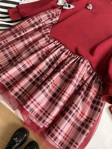SHEIN 少女休闲优雅格子拼接针织面料蝴蝶结装饰网纱通勤可爱自然优雅A字连衣裙 - 紅色 - 查看 4