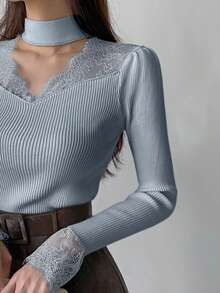 DAZY Jersey de manga larga ajustado con encaje calado y contraste, blanco, primavera/otoño - Azul - Ver 6