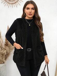 SHEIN Tall CURVE 大尺碼女款休閒毛絨質感雙口袋前開襟背心，適合秋冬/冬季 - 黑色 - 查看 3