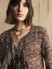 GENKIRA 女士复古开襟羊毛衫，门襟袖口饰有水结串珠梳理设计，适合日常通勤和秋季穿着，圣诞节必备单品 - 咖啡棕 - 查看 3