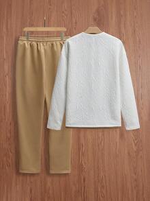 SWAVVY Men's Letter Embossed Round Neck Drop Shoulder Long Sleeve T-Shirt And Drawstring Waist Pants Casual Suit - Khaki - View 2
