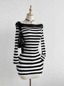 SHEIN Unity 女士优雅修身连衣裙，露肩长袖，休闲百搭通勤装，条纹面料配蕾丝边，秋冬款 - 彩色 - 查看 5