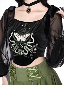 ROMWE Goth Blusa ajustada con estampado de planta de bruja y luna en las mangas tipo linterna para mujer - Negro - Ver 2