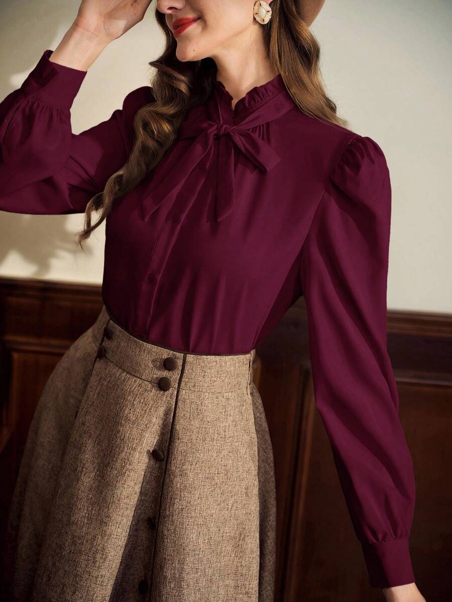 Vintamour Blusa elegante vintage para mujer con cuello con volantes, puños con lazo y detalles recogidos, camisa casual de manga larga para el trabajo, ropa de mujer para otoño, invierno, regreso a casa, oficina, atuendos de mujer para otoño, blusas de mujer para otoño e invierno, ropa de mujer para invierno, blusas de manga larga para otoño, ropa de otoño para mujer, blusas de mujer para otoño, ropa de mujer para el estilo cottage core, camisa de Navidad, blusas de trabajo para mujer - Rojo violeta - Ver 1