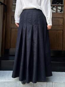 Dazy Plus 深蓝色水洗褶皱A字长款牛仔裙，适合春秋季休闲穿着 - 深色水洗藍 - 查看 2