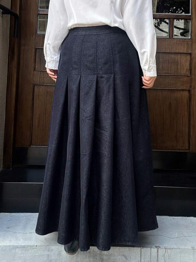 Dazy Plus Dark Wash Blue Pleated A-Line Long Denim Skirt, Casual For Spring & Autumn