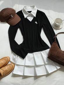 Comfortcana Đầm ngắn cổ bẻ thêu họa tiết hiệp sĩ dành cho nữ, tay dài, thường ngày - Xám - Xem 3