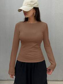 FRIFUL Áo thun nỉ trơn cổ tròn tay dài đơn giản đa năng cho nữ - màu nâu - Xem 2