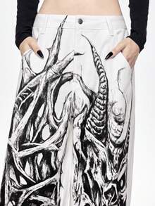 ROMWE Grunge Punk Dark Print Low Waist Wide Leg Jeans - White - View 6