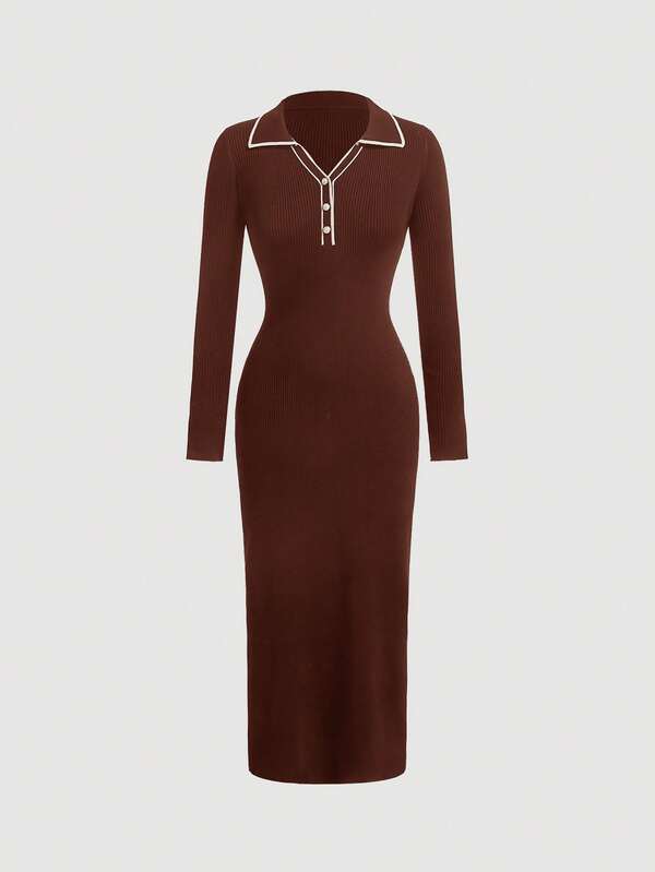 SHEIN MOD Contrast Binding Button Front Slim Fit Long Sweater Dress In Fall/Winter
