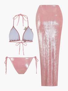 Swim Oasis 3件套夏季新款高端亮片刺绣花卉三角比基尼聚拢泳衣女款 - 粉色 - 查看 2