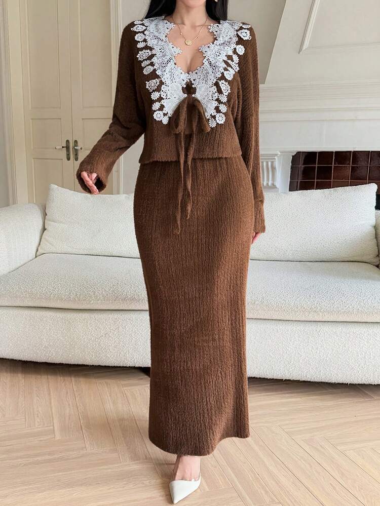 Women's Contrast Lace Patchwork Deep V-Neck Long Sleeve Tie-Front Cardigan Top And Skirt Elegant 2-Piece Set