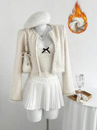 Elamini 1pc Women's Faux Fur Trim Cardigan Jacket, Fluffy Lining, Casual Wear For Party, Holiday, Commute, Autumn/Winter