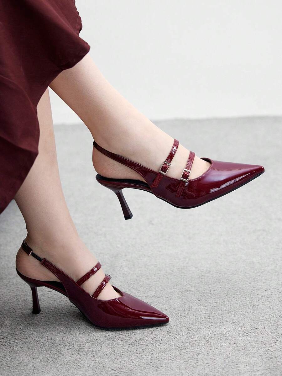 CUCCOO BIZCHIC 女士尖头细高跟酒红色后系带浅口鞋,露跟高跟鞋,适合户外、通勤、派对、宴会、办公室穿着 - 酒紅色 - 查看 1