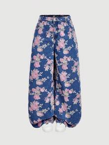 SHEIN MOD 大码休闲复古印花阔腿牛仔裤 - 淺色水洗藍 - 查看 1