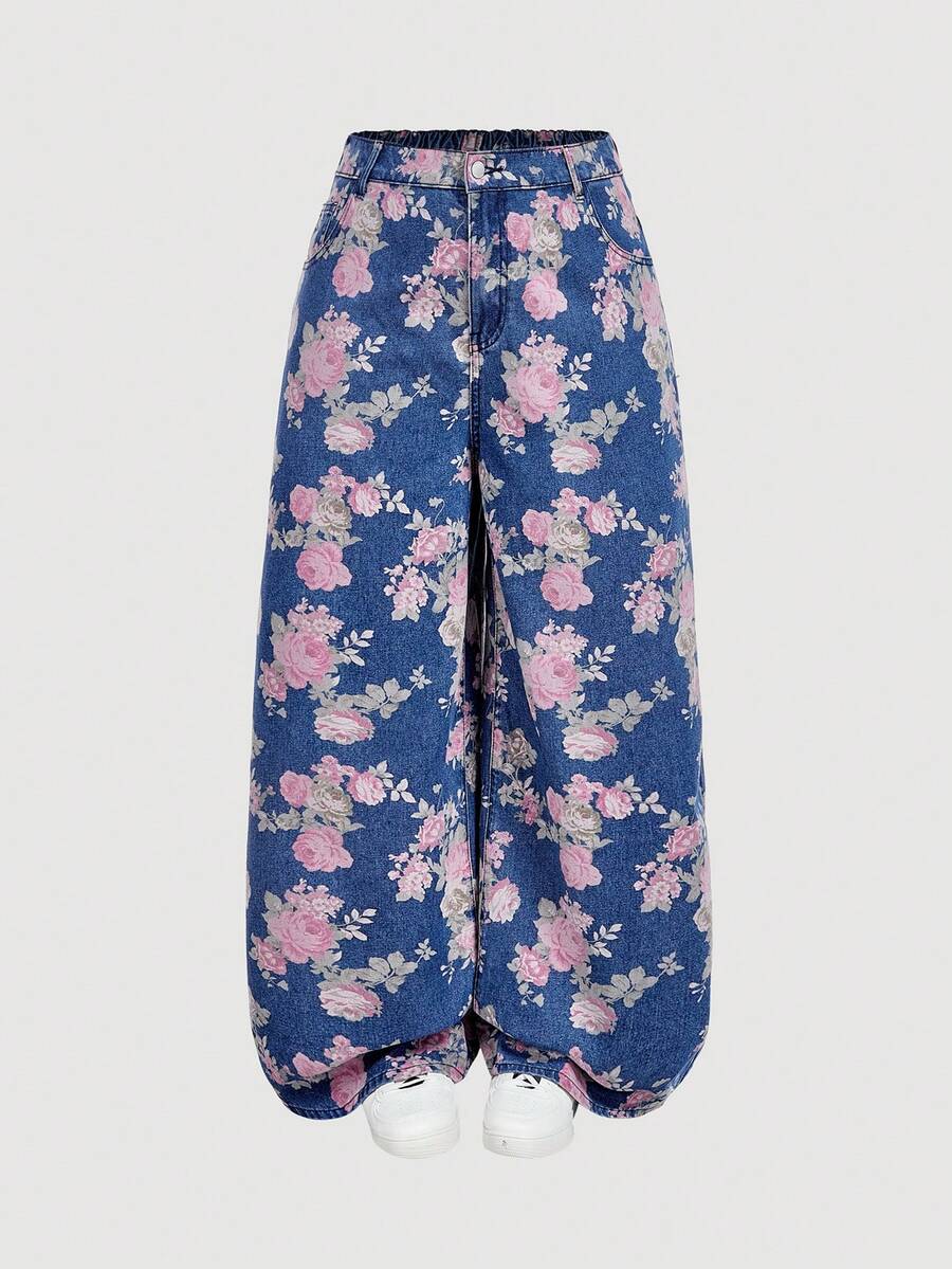 SHEIN MOD 大码休闲复古印花阔腿牛仔裤 - 淺色水洗藍 - 查看 1