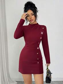 Modelyn Women's Autumn Burgundy Long Sleeve Pleated Metal Button Waist Fitted Elegant Dress - Burgundy - View 4