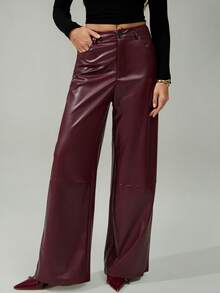 SHEIN Tall 女士酒红色皮质长裤，简约前开襟纽扣设计，日常休闲百搭，女士下装 - 酒紅色 - 查看 4