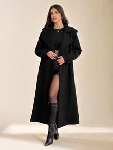 SHEIN Tall 女款黑色長袖優雅前扣長版大衣，休閒通勤穿著，復古保暖加厚秋冬款，適合感恩節、萬聖節，高個女性適用 - 黑色 - 查看 3
