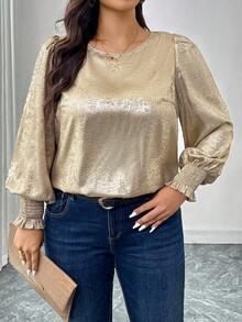 SHEIN LUNE Plus Size Round Neck Metallic Lantern Sleeve Blouse Glitter Top Sequin Top Sequin Stylish Women's Blouses Stylish Clothing Collection Chic Blouses For Women Elegant Blouses For Women Elegant Women's Blouses Elegant Dress Women Clothes For New Year Christmas Women's Clothing Women's Winter Clothes Thanksgiving Women's Social Blouse Women's Formal Wear