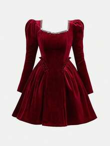 Pitira Elegantes bordeauxrotes Samt-Patchwork-Kleid mit Strasskette und Herz-Ausschnitt für Teenager-Mädchen, Herbst-Abendkleid in Weinrot, formelles Kastanienbraun-Kleid - Bordeaux - Übersicht 3