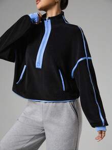 Dewbera Casual Versatile Colorblock Personalized Fleece Pocket Zipper Sweatshirt Fleece Sweatshirt Color Block Sweatshirt Half Zip Sweatshirt Blue Trim - Multicolor - View 5