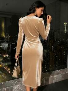EMERY ROSE Autumn Elegant Velvet Wrap Dress Maxi Women Outfit - Champagne - View 2