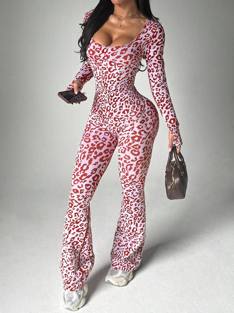 Dewbera Fashionable Sexy Leopard Print Long Sleeve Backless Flared Jumpsuit Leopard Jumpsuit Flared Leggings Set - Red - View 1