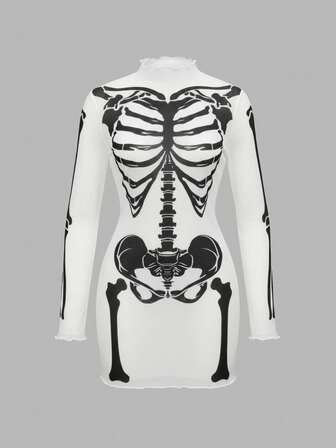 Gothic Skeleton Flocked Sexy Sheer Mini Dress For Women