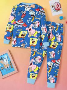 SpongeBob SquarePants | SHEIN 2pcs/Set Young Boy Cartoon Print Crew Neck Long Sleeve Top And Pants Knit Casual Stretchy Tight Pajama Set - Blue - View 2