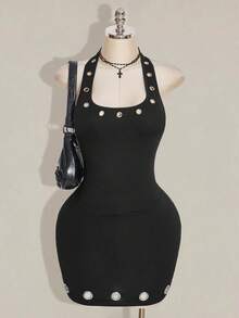 SHEIN ICON 加大码 Y2K 黑色吊带露背针织吊带衫，金属孔眼装饰 - 黑色 - 查看 4