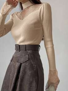 DAZY Women's Contrast Lace Hollow Out Fitted Long Sleeve Sweater, White, Spring/Autumn - Apricot - View 2