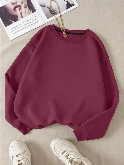 Almamuse Plus Size Women Casual Pullover Sweatshirt, Autumn/Winter Outdoor/Office/Home Wear, Deep Wine Red, Suitable For Photography And Street Style