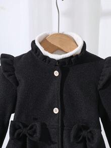 Elladie kids 女童秋冬甜美公主风浅蜜桃色荷叶边领蝴蝶结装饰中长款外套，韩版甜美风羊毛外套，适合日常上学、家庭休闲、节日聚会（如生日派对、新年拜访等），实用又时尚 - 黑色 - 查看 3
