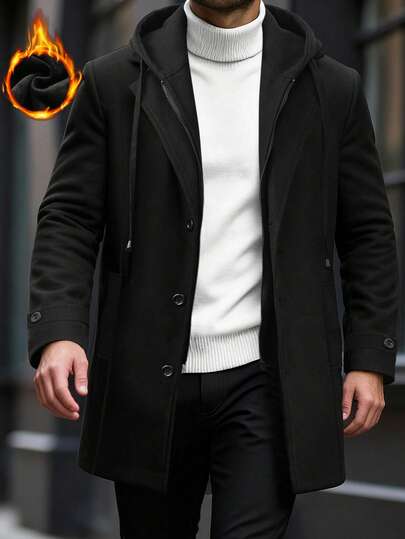 Manfinity CasualCool 男士休闲连帽粗花呢长袖外套，秋冬季男士休闲日常通勤简约纯色拉链连帽中长款粗花呢外套，秋冬季质感优良，舒适保暖，适合外出穿着，可作为节日礼物送给丈夫、男友、兄弟。