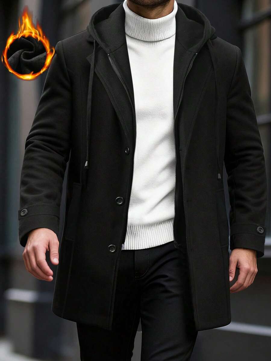 Manfinity CasualCool 男士休闲连帽粗花呢长袖外套，秋冬季男士休闲日常通勤简约纯色拉链连帽中长款粗花呢外套，秋冬季质感优良，舒适保暖，适合外出穿着，可作为节日礼物送给丈夫、男友、兄弟。 - 黑色 - 查看 1