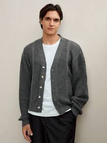 RONVEXI Áo khoác cardigan dệt kim dài tay, màu trơn, kiểu dáng thường ngày, dành cho nam, thích hợp mặc mùa thu/đông. Áo cardigan dệt kim cài nút màu xám dành cho nam, thuộc bộ sưu tập mùa thu. - Màu xám đen - Xem 1