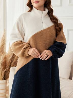 Lacomfia فستان طويل فضفاض متعدد الألوان للنساء كبيرات الحجم، ياقة عالية، سحاب أمامي، أكمام طويلة، كاجوال، بسيط، متعدد الاستخدامات، مناسب للخريف والشتاء