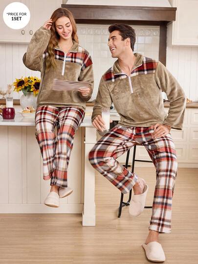 男士撞色格纹法兰绒休闲宽松家居服套装，蓬松舒适的冬季服装