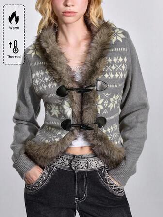 ROMWE Avant Y2K Fair Isle Strick Jacquard Wollmischungs-Strickjacke mit Hornknöpfen, Langarm