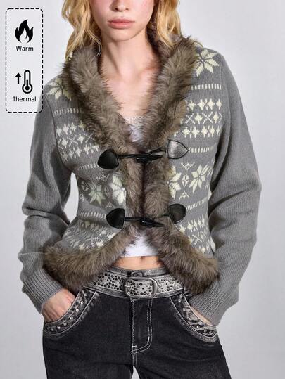 ROMWE Avant Y2K Fair Isle Knit Jacquard Wool Blend Cardigan Sweater With Horn Buttons, Long Sleeve