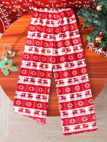 Teen GirlPrinted Fleece Pants, Comfortable Loose Straight Leg Trousers With Christmas Graphic Print, Autumn/Winter - Multicolor - View 2
