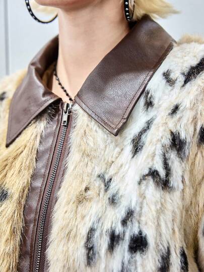 ROMWE Avant Women's Retro Vintage Striped & Leopard Print Color Block PU Faux Fur Short Jacket