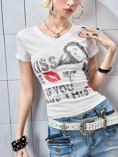 Women's Kpop Christmas & Valentine's Day Slogan V-Neck Fitted T-Shirt