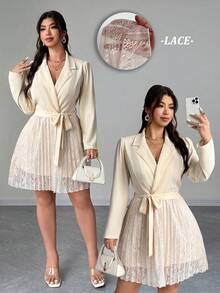 Elenzga 大码女式优雅蕾丝褶皱飘逸翻领长袖收腰连衣裙，春/秋/冬 - 杏色 - 查看 1