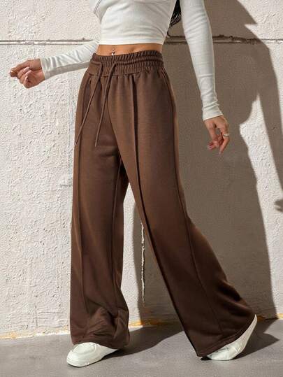 SHEIN PETITE Women's Solid Color Drawstring Waist Wide Leg Loose Casual Sweatpants Graduation,Back To School Outfits,Graduation,Teacher Outfits For Women,Back To School